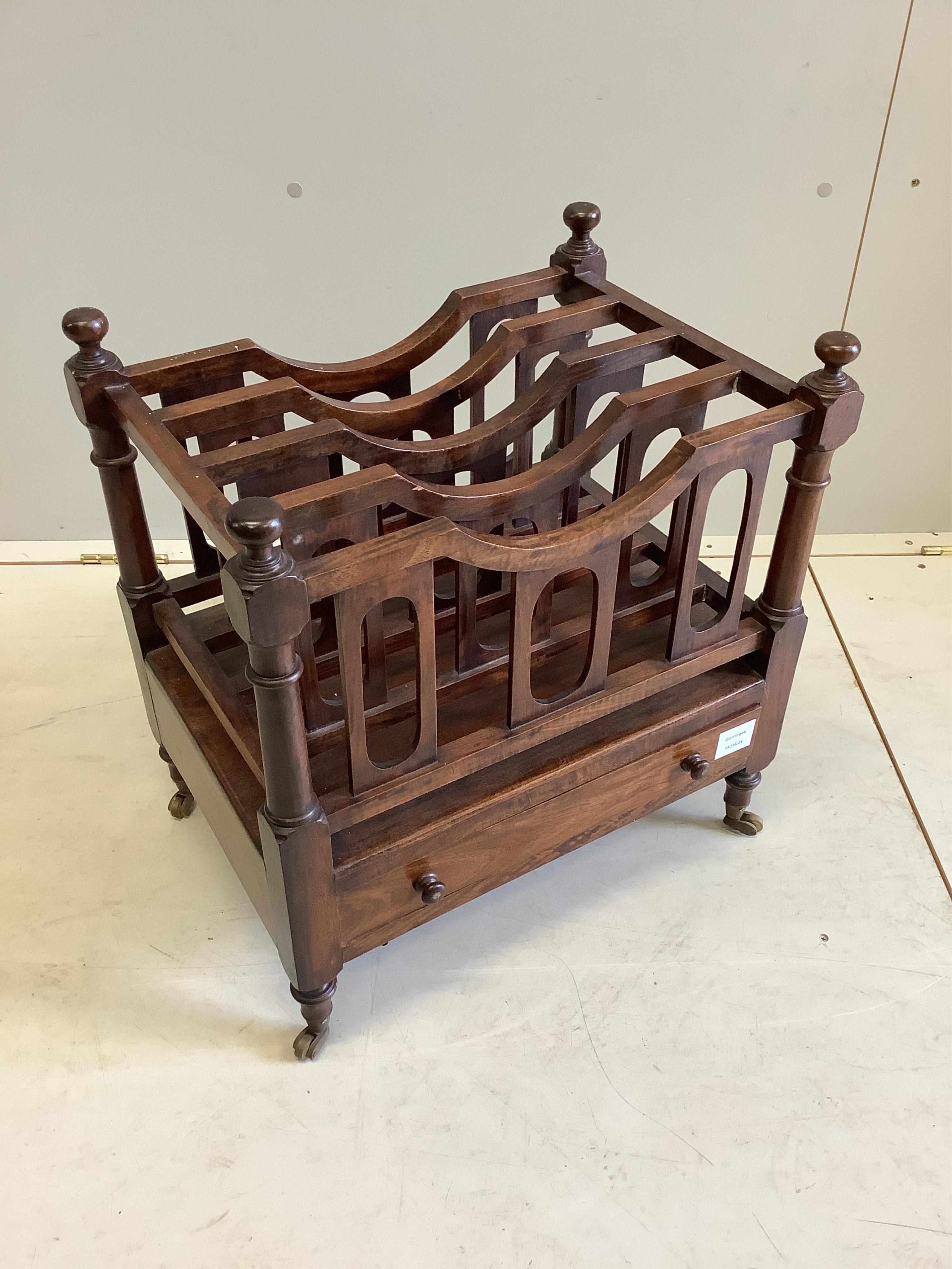 A reproduction Anglo Chinese hardwood four division Canterbury, width 48cm, depth 35cm, height 52cm. Condition - fair